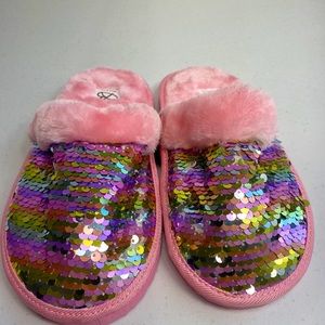 Slippers Pink Fluffy Multi color flip sequins